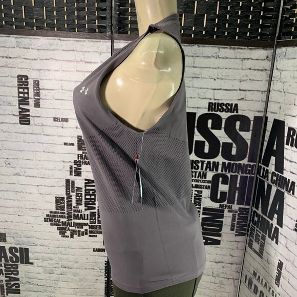 Under Armour L Gray Mesh Logo Heatgear Stretch Fitted Tank Top - Picture 5 of 6